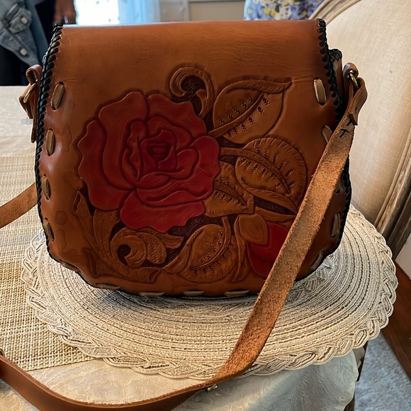 Leather Mexican Tooled Bag New with Roses - Picture 2 of 4